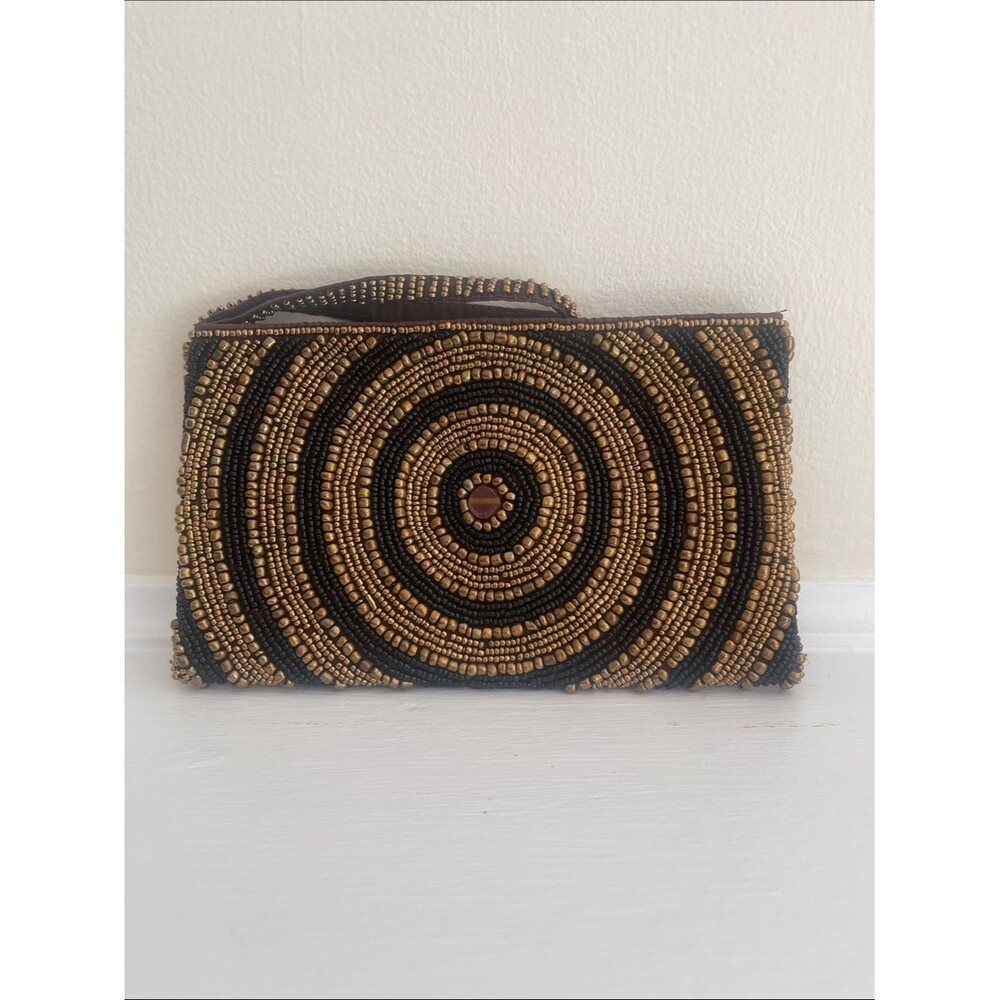 Hand-Beaded Circular Accent Clutch — Black & Gold Seed Beads